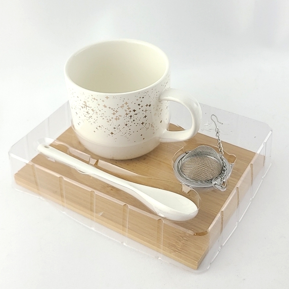 Frankie Grey 4 Pc Tea Gold Stars Set Stoneware Mug Infuser Spoon Tray